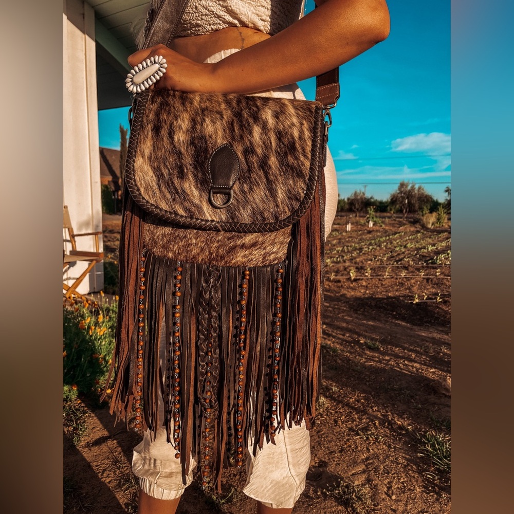 Fringe Brindle Cowhide Crossbody Purse